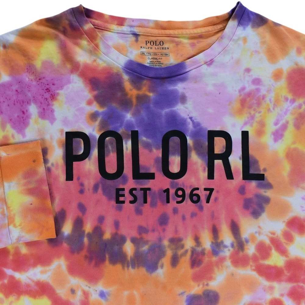 Polo Ralph Lauren Mens XXL Tie Dye Long Sleeve T-Shirt Classic Fit Orange Purple